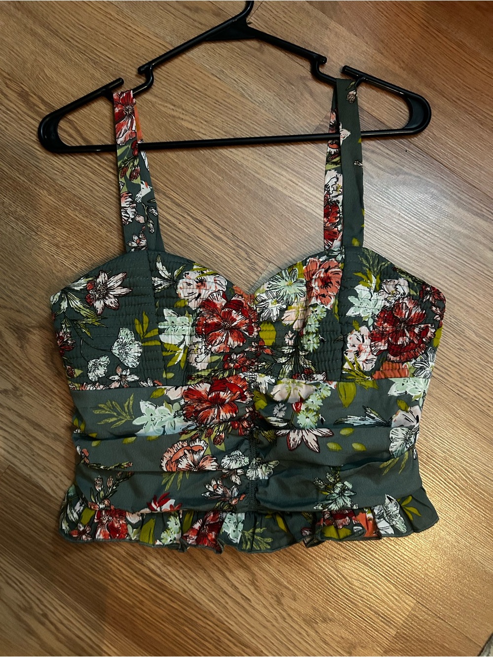 Floral Quilted Bustier Crop Top - Green with Red & Pink Flowers
